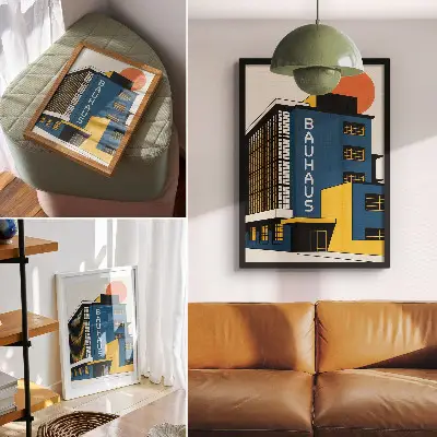Plakat na płótnie granatowy budynek w stylu Bauhaus z żółtymi akcentami w nowoczesnym wydaniu