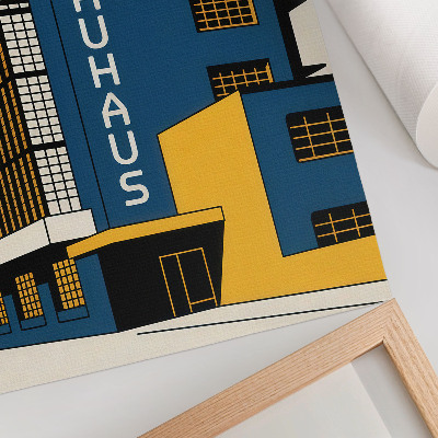 Plakat na płótnie Granatowy budynek Bauhaus żółte akcenty nowoczesność