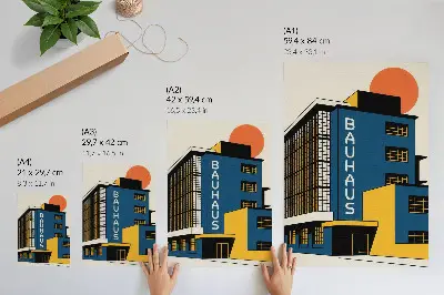 Plakat na płótnie granatowy budynek w stylu Bauhaus z żółtymi akcentami w nowoczesnym wydaniu