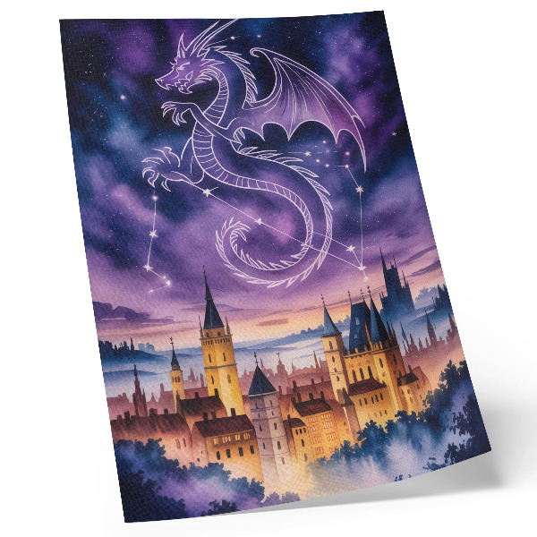 Plakat z teksturą płótna Fantazyjny świat smok zamek niebo gwiazdy kosmos