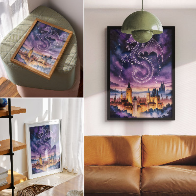 Plakat z teksturą płótna Fantazyjny świat smok zamek niebo gwiazdy kosmos