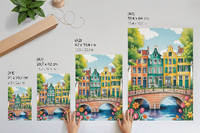 Plakat z teksturą płótna Kolorowe kamienice nad kanałem ilustracyjny styl