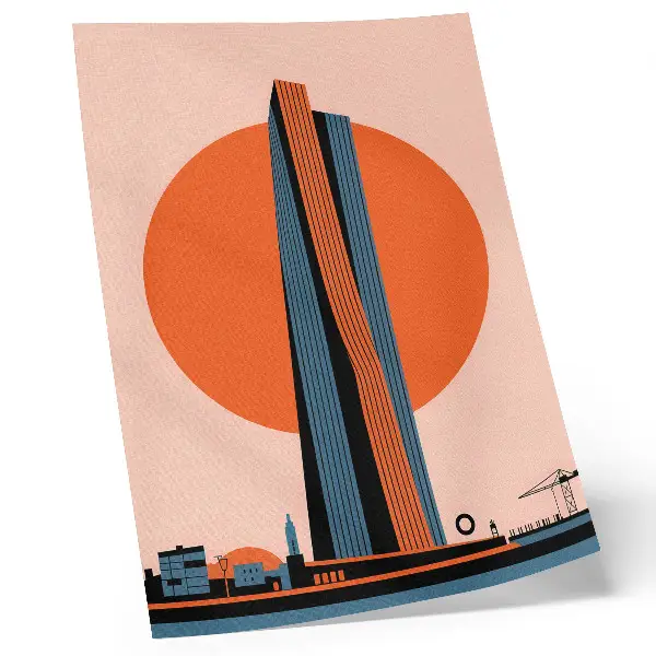 Plakat na płótnie minimalistyczny wieżowiec na tle okręgu w kontrastowych barwach