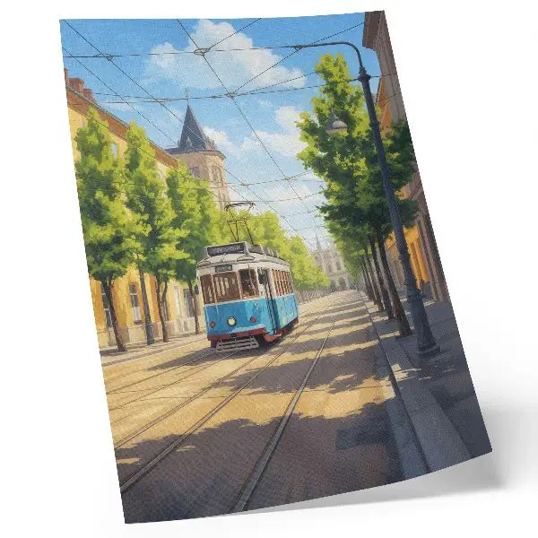 Plakat ścienny słoneczna ulica z tramwajem w odcieniach zieleni i błękitu