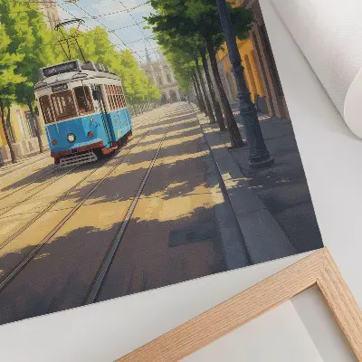 Plakat ścienny słoneczna ulica z tramwajem w odcieniach zieleni i błękitu