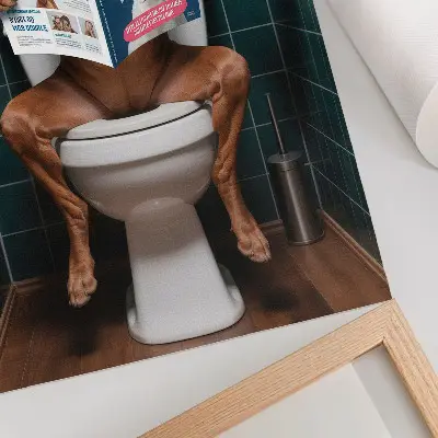 Plakat z teksturą płótna pies na sedesie z magazynem na tle zielonych kafelków
