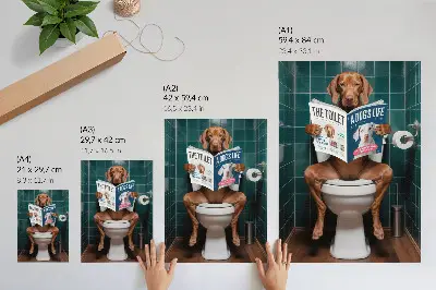 Plakat z teksturą płótna pies na sedesie z magazynem na tle zielonych kafelków