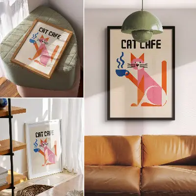 Kreatywny motyw kota z kawą w stylu retro nowoczesna grafika na płótnie