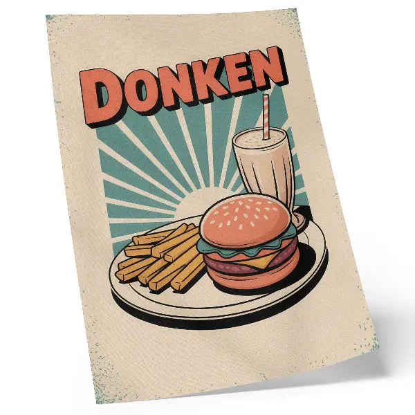 Nowoczesna grafika na płótnie przedstawiająca burgera i frytki w stylu retro