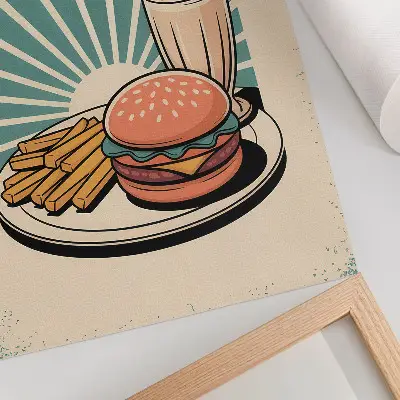 Nowoczesna grafika na płótnie przedstawiająca burgera i frytki w stylu retro