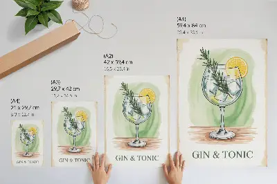Plakat ścienny z motywem kieliszka z ginem, rozmarynem i cytryną na zielonym tle