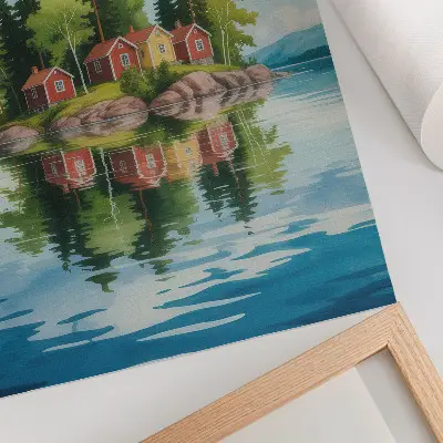 Plakat z teksturą płótna malownicza wyspa z domkami na drzewie nad spokojną wodą