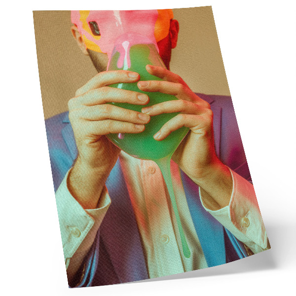 Plakat ścienny Kolorowa maska w dłoniach postać surrealistyczna