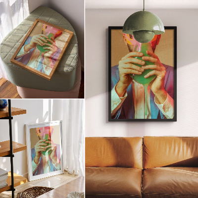 Plakat ścienny Kolorowa maska w dłoniach postać surrealistyczna