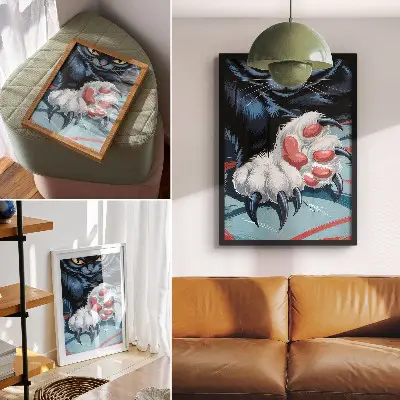 Nowoczesna grafika na płótnie kot z pazurami w żywych kolorach o intensywnej dynamice