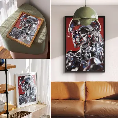 Nowoczesna grafika na płótnie futurystyczny motyw postaci w kolorach czerni i czerwieni