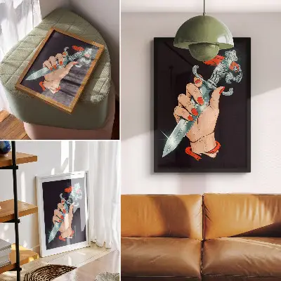 Plakat ścienny ręka ze sztyletem z detalami błysk