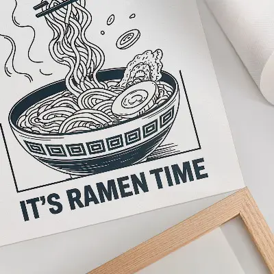 Plakat ścienny styl komiksowy przedstawiający miskę ramenu i pałeczki chłonące smak
