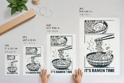Plakat ścienny styl komiksowy przedstawiający miskę ramenu i pałeczki chłonące smak
