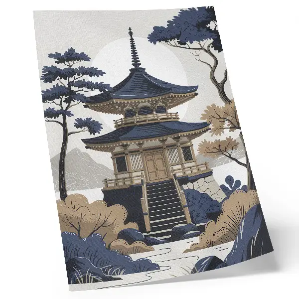Plakat ścienny pagoda z drzewem w otoczeniu gór zapewniająca spokój i harmonię