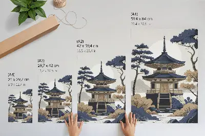 Plakat ścienny pagoda z drzewem w otoczeniu gór zapewniająca spokój i harmonię