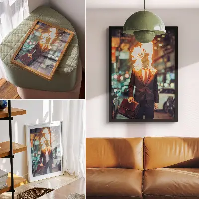 Plakat ścienny elegancki mężczyzna z płonącą głową w mieście