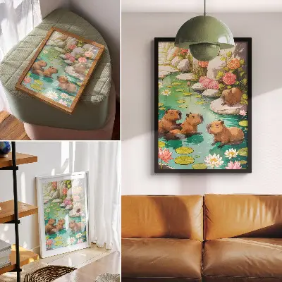 Plakat z kapibarami w stawie wzór z kwiatami i motywem harmonii natury na płótnie
