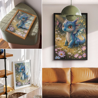 Plakat ścienny Fantazyjny niebieski smok wśród kwiatów
