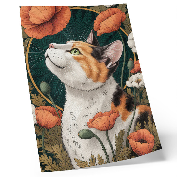 Plakat na płótnie Kot wśród maków styl ilustracyjny natura