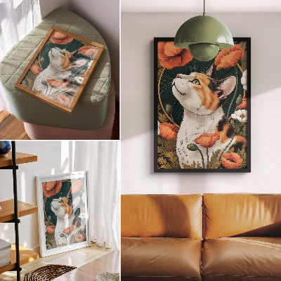 Plakat na płótnie Kot wśród maków styl ilustracyjny natura