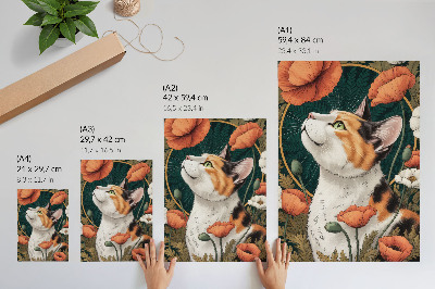 Plakat na płótnie Kot wśród maków styl ilustracyjny natura