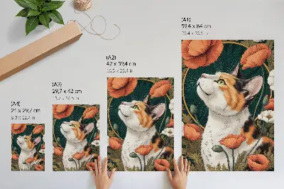 Plakat na płótnie kot wśród maków w stylu ilustracyjnym z motywem natury