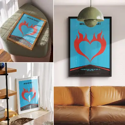 Plakat ścienny z motywem czerwonego płonącego serca na niebieskim tle