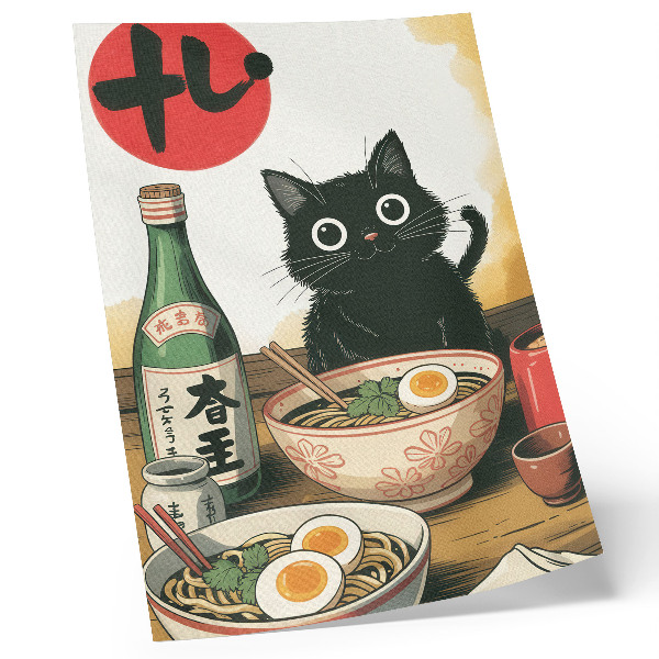 Plakat ścienny Czarny kot ramen butelka sake japoński motyw