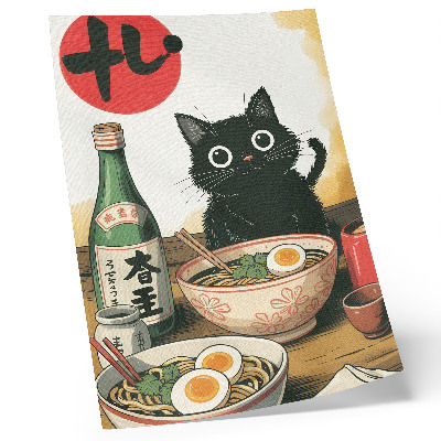 Plakat ścienny Czarny kot ramen butelka sake japoński motyw