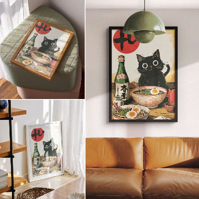 Plakat ścienny Czarny kot ramen butelka sake japoński motyw