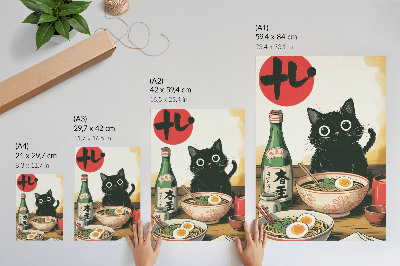 Plakat ścienny Czarny kot ramen butelka sake japoński motyw