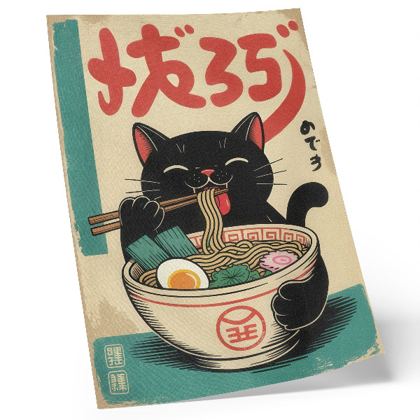 Nowoczesna grafika na płótnie Czarny kot ramen miska japońskie inspiracje retro