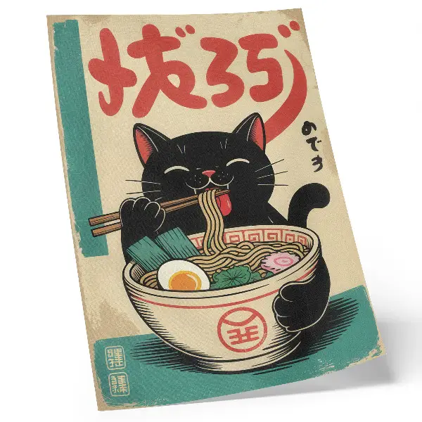 Nowoczesna grafika na płótnie przedstawiająca czarnego kota jedzącego ramen w stylu japońskiego retro