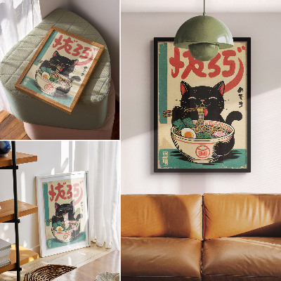 Nowoczesna grafika na płótnie Czarny kot ramen miska japońskie inspiracje retro