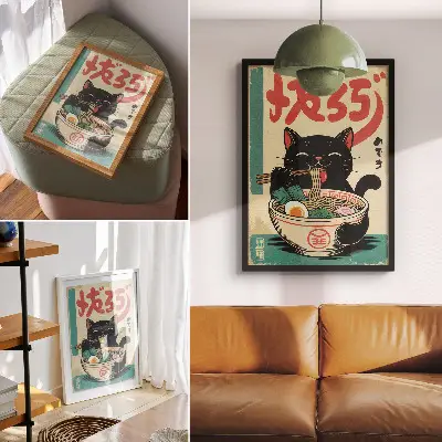 Nowoczesna grafika na płótnie przedstawiająca czarnego kota jedzącego ramen w stylu japońskiego retro
