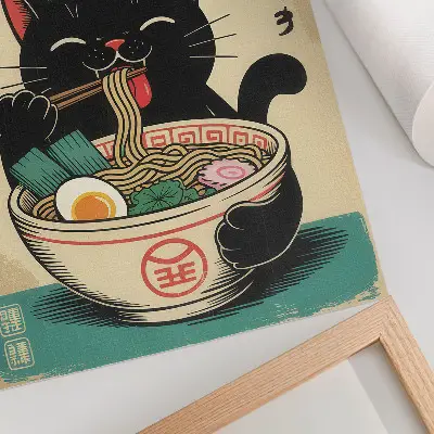 Nowoczesna grafika na płótnie przedstawiająca czarnego kota jedzącego ramen w stylu japońskiego retro