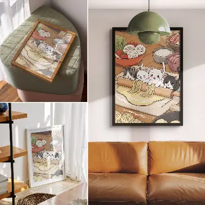 Kocięta w kuchni ilustracja w ciepłej palecie barw na plakacie z teksturą płótna