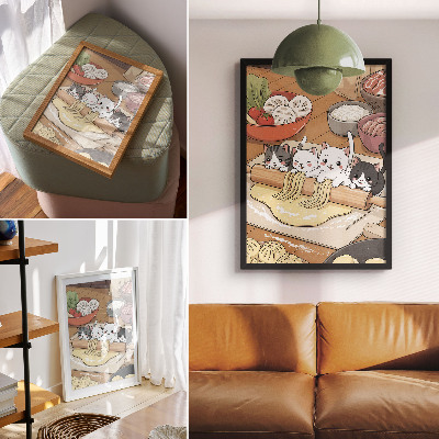 Plakat z teksturą płótna Kocięta w kuchni ciepła paleta ilustracja