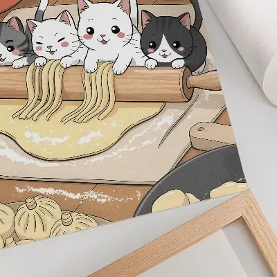 Kocięta w kuchni ilustracja w ciepłej palecie barw na plakacie z teksturą płótna
