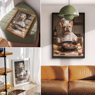 Plakat na płótnie z zabawnym surrealistycznym buldogiem w kuchni