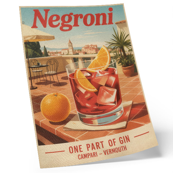 Plakat z teksturą płótna Pomarańczowy drink na tarasie retro styl klimaty