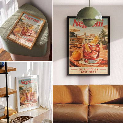 Plakat z teksturą płótna Pomarańczowy drink na tarasie retro styl klimaty