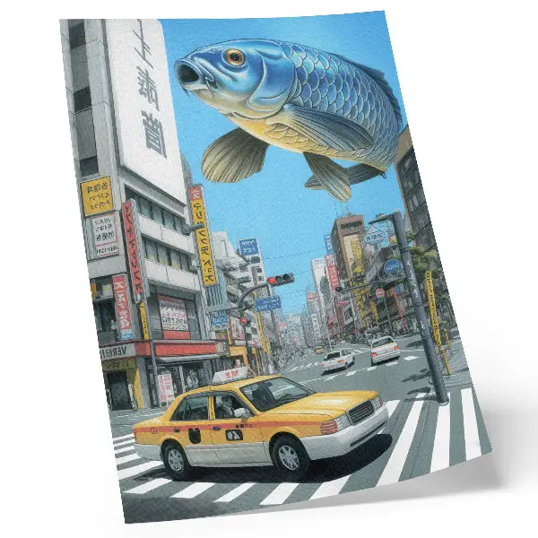 Plakat z teksturą płótna surrealizm miejski przedstawiający nowoczesną rybę na ulicy