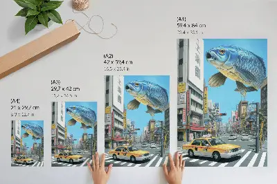 Plakat z teksturą płótna surrealizm miejski przedstawiający nowoczesną rybę na ulicy
